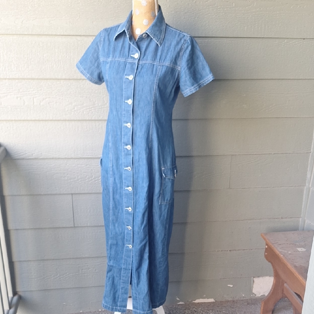 Vintage 90's Preview International  Cotton Denim Cargo Maxi Dress Size 8P